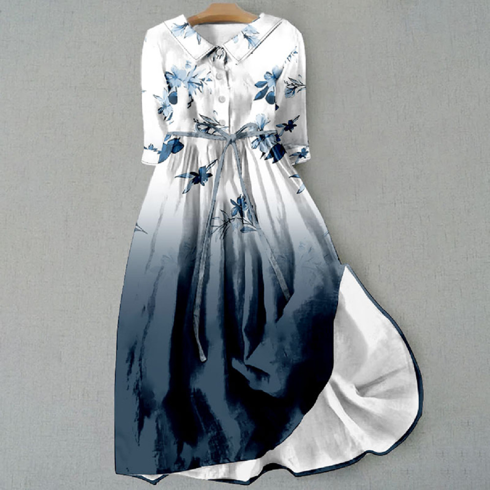 Gradient Floral Print Lapel Midi Dress