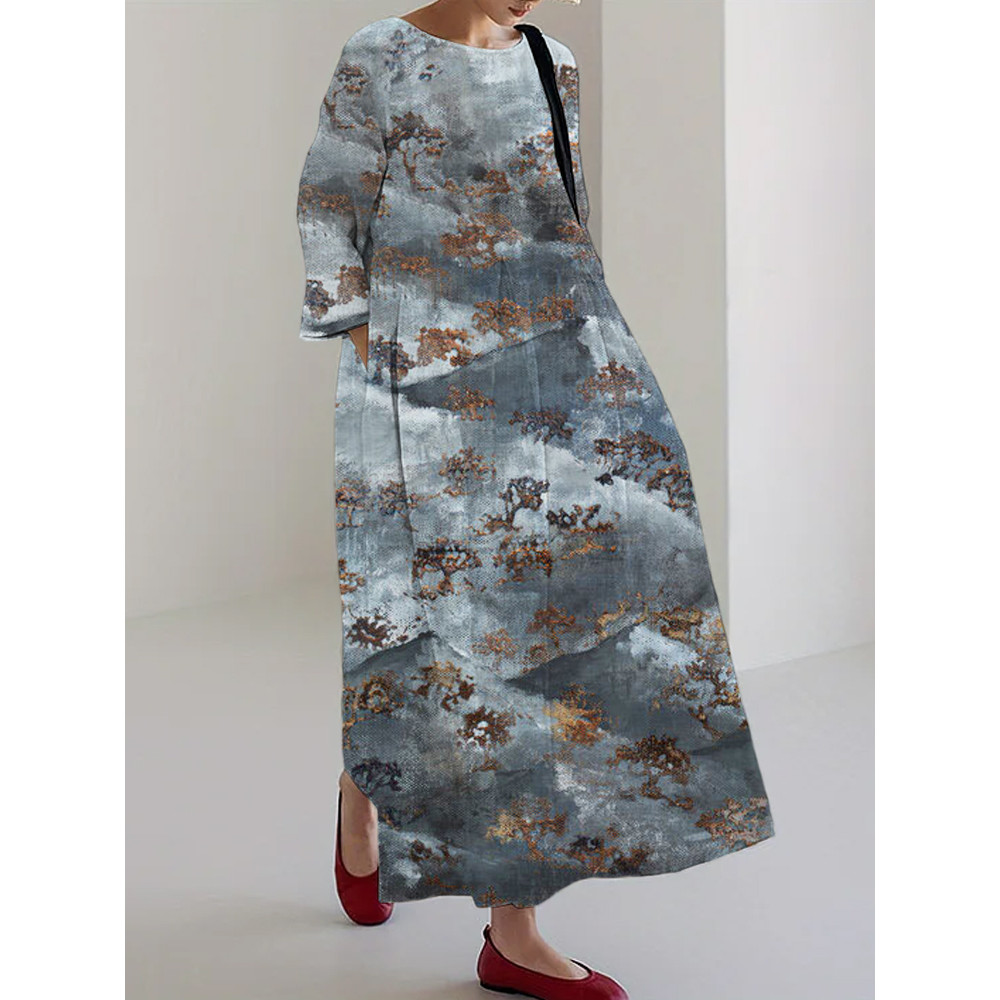 Gradient Forest Print Linen Blend Maxi Dress
