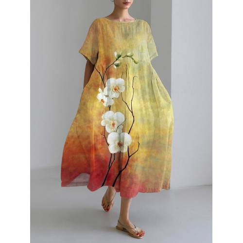 Gradient Orchid Japanese Art Linen Blend Maxi Dress