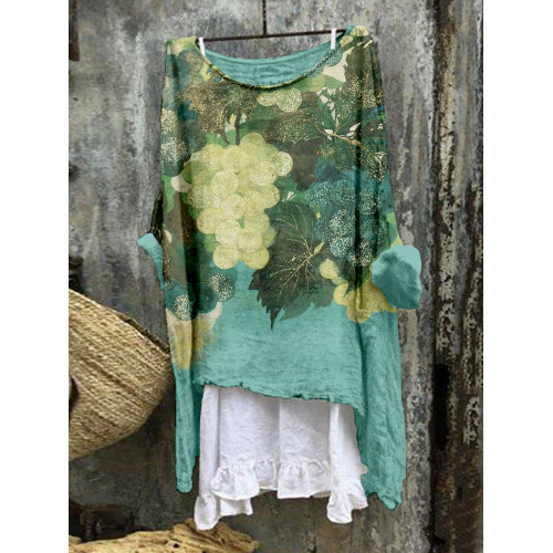 Grape Japanese Art Pattern Linen Blend Flowy Tunic