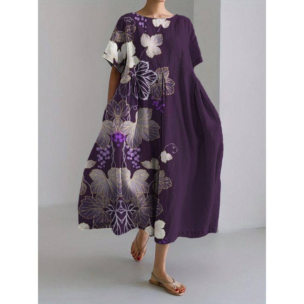Grape Vines Japanese Art Linen Blend Maxi Dress