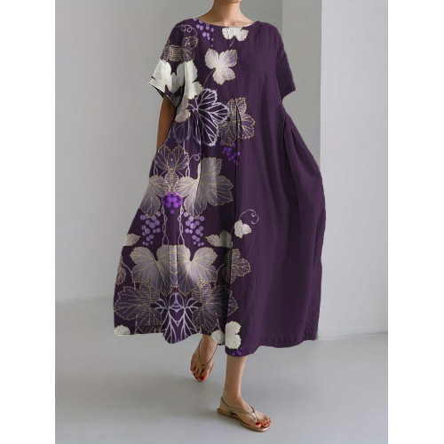 Grape Vines Japanese Art Linen Blend Maxi Dress