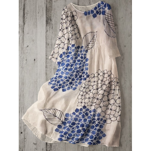 Hydrangea Floral Japanese Art Linen Blend Flowy Dress