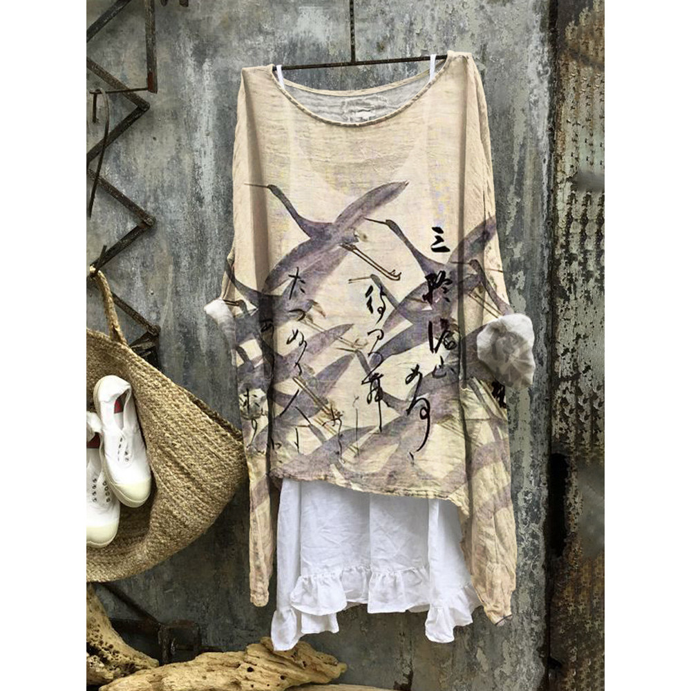 Idle Cloud Wild Crane Japanese Linen Blend Flowy Tunic
