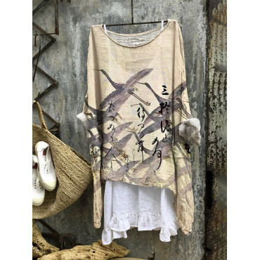 Idle Cloud Wild Crane Japanese Linen Blend Flowy Tunic