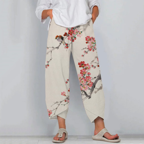 Ink Painting Floral Print Casual Pants