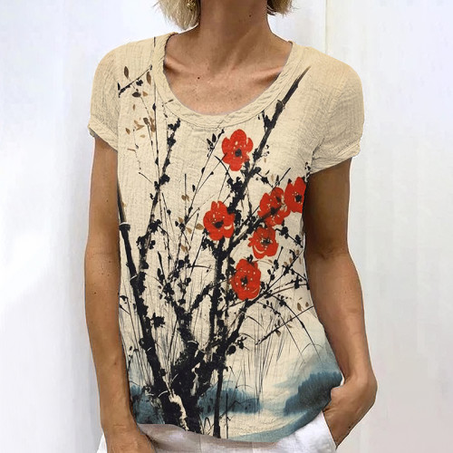 Ink Painting Flower Print Round Neck Short Sleeved T-Shirt