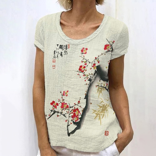Ink Painting Plum Blossom Print Round Neck Short Sleeved T-Shirt
