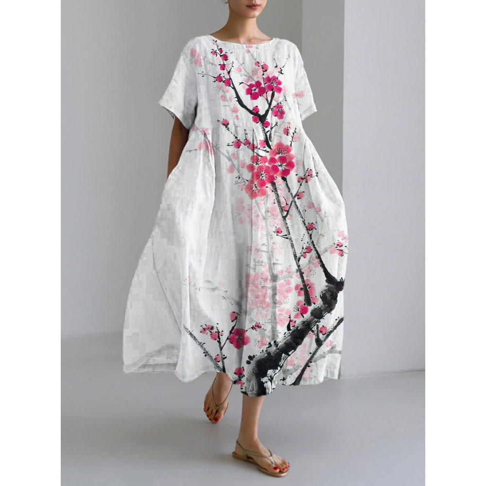 Ink and Plum Blossom Art Linen Blend Maxi Dress