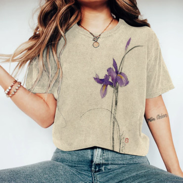Iris Flower Print Round Neck Short Sleeve T-Shirt