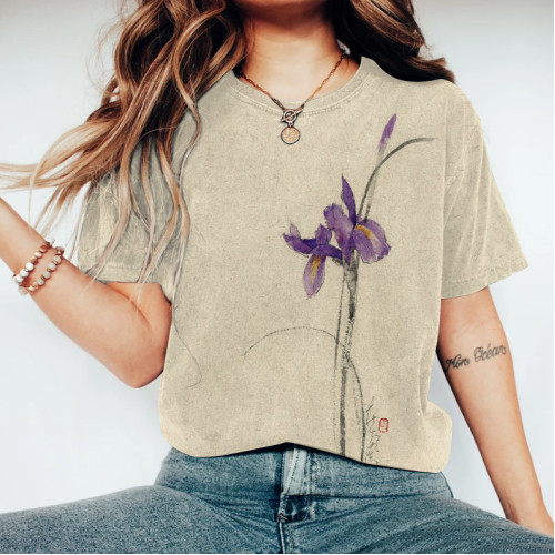 Iris Flower Print Round Neck Short Sleeve T-Shirt