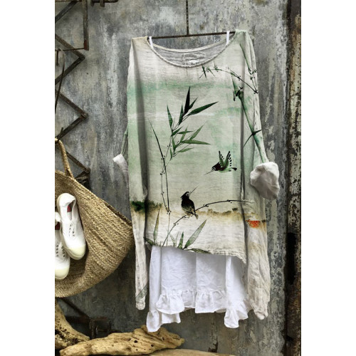 Japan Bamboo & Bird Print Linen Loose Long Shirt