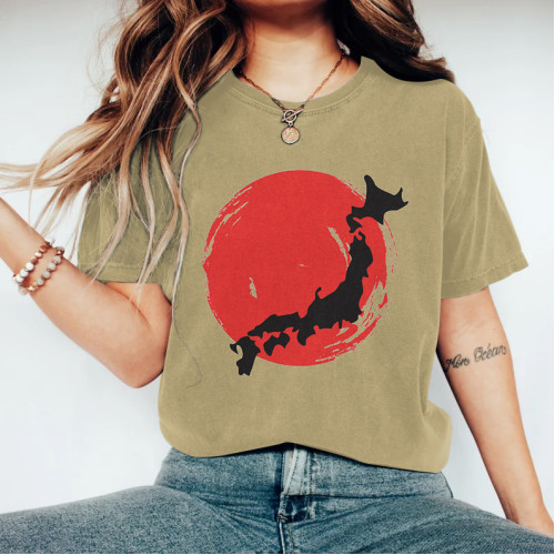 Japan Map Art Print Round Neck Short Sleeve T-Shirt