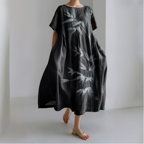 Japanese Art Bamboo Ink And Wash Linen Blend Maxi Dress