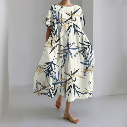 Japanese Art Bamboo Print Short Sleeve Casual Midi Dress
