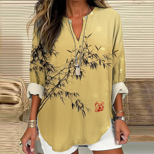 Japanese Art Bamboo Print V-Neck Long Sleeve Casual Blouse