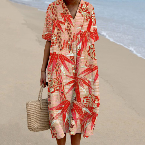 Japanese Art Bamboo Print V-Neck Loose Midi Dress