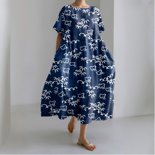 Japanese Art Bird Bamboo Print Loose Midi Dress