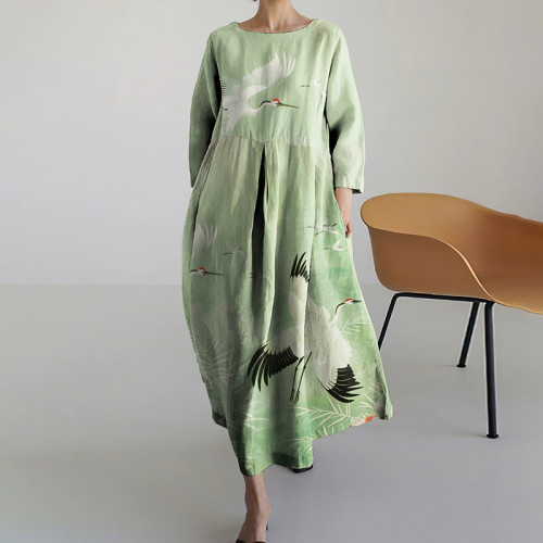 Japanese Art Casual Crane Print Crew Neck Midi Dress