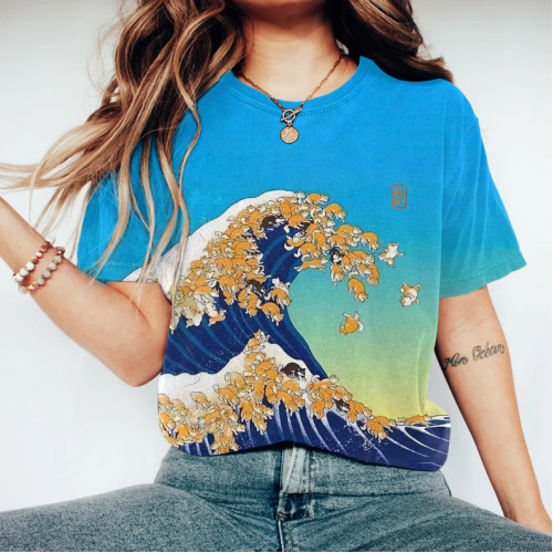 Japanese Art Casual Dog Waves Graphic Crew Neck T-Shirt