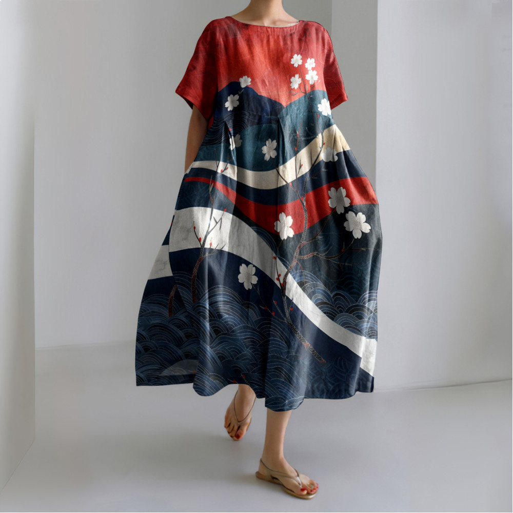Japanese Art Casual Short Sleeve Waves Floral Print Linen Blend Dress