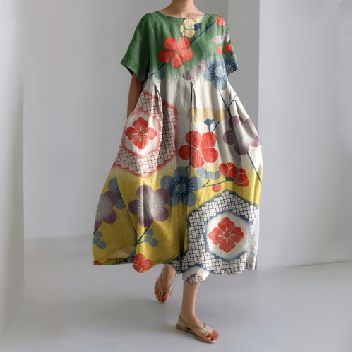 Japanese Art Cherry Blossom Print Casual Midi Dress