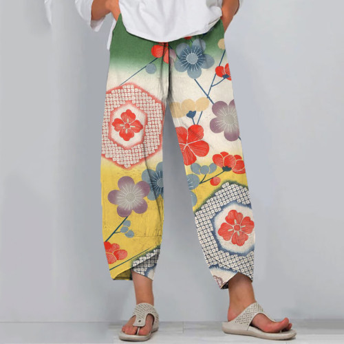 Japanese Art Cherry Blossom Print Casual Pants