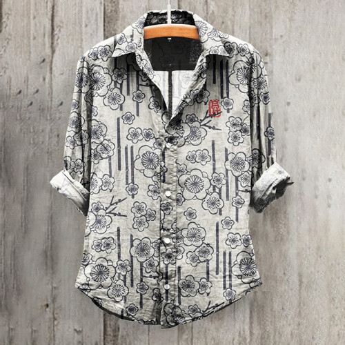 Japanese Art Cherry Blossom Print Long Sleeve Cotton And Linen Shirt