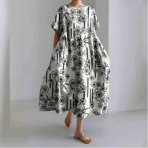 Japanese Art Cherry Blossom Print Short Sleeve Loose Midi Dress