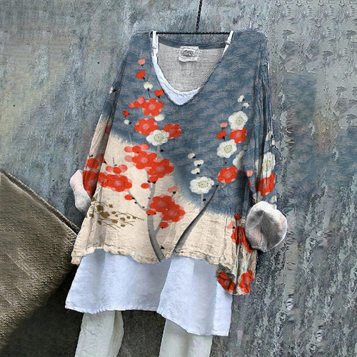 Japanese Art Cherry Blossom Print V-Neck Loose Blouse