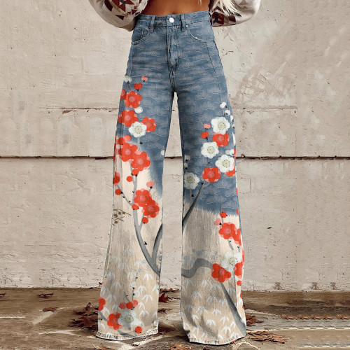 Japanese Art Cherry Blossom Print Wide Leg Jeans
