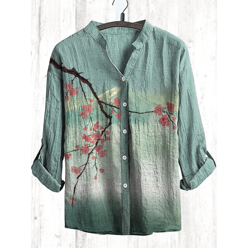 Japanese Art Cherry Blossoms Print Cotton Linen Shirt