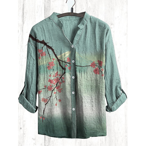Japanese Art Cherry Blossoms Print Cotton Linen Shirt