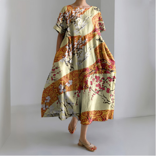 Japanese Art Cherry & Plum Blossom Trees on Red Gold Painting Print Linen Blend Dress