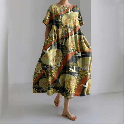 Japanese Art Chiyogami Painting Print Linen Blend Dress