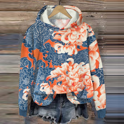 Japanese Art Chrysanthemum Print Casual Hoodie
