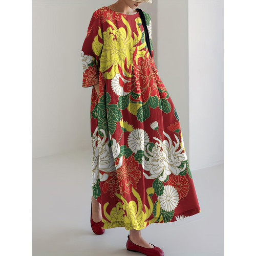 Japanese Art Chrysanthemum Print Crew Neck Casual Midi Dress