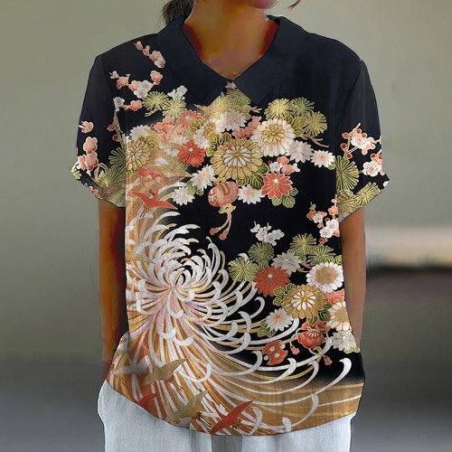 Japanese Art Chrysanthemum Print Lapel Loose Blouse
