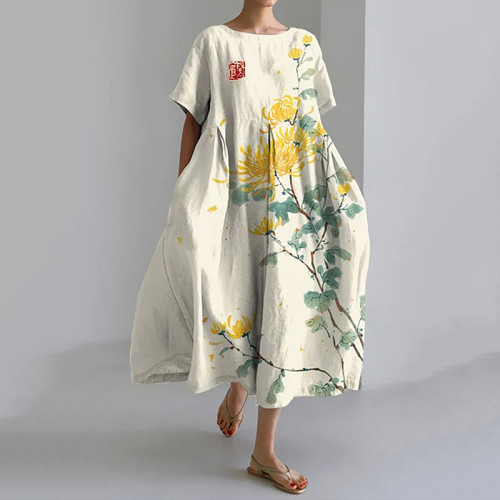 Japanese Art Chrysanthemum Print Loose Midi Dress