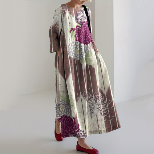 Japanese Art Chrysanthemum Print Round Neck Loose Midi Dress