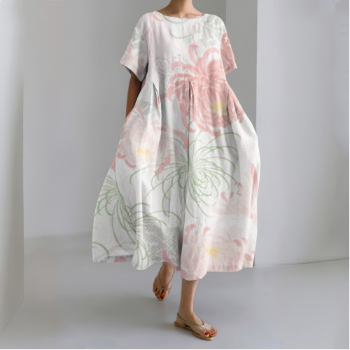 Japanese Art Chrysanthemum Print Round Neck Short Sleeve Midi Dress