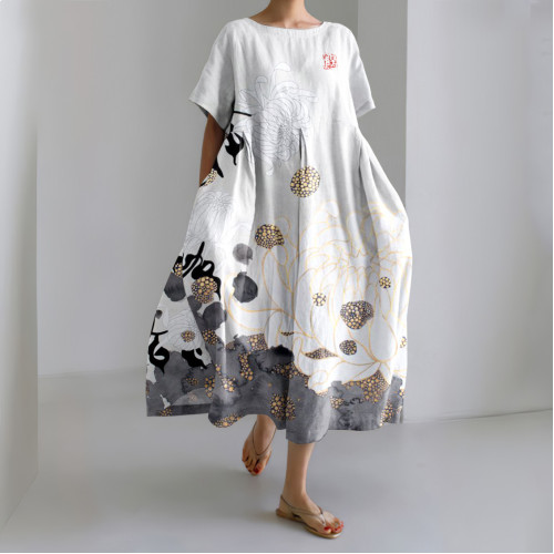 Japanese Art Chrysanthemum Print Short Sleeve Midi Dress