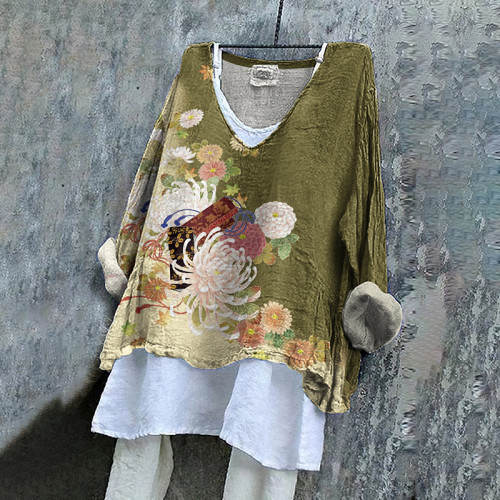 Japanese Art Chrysanthemum Print V-Neck Loose Blouse