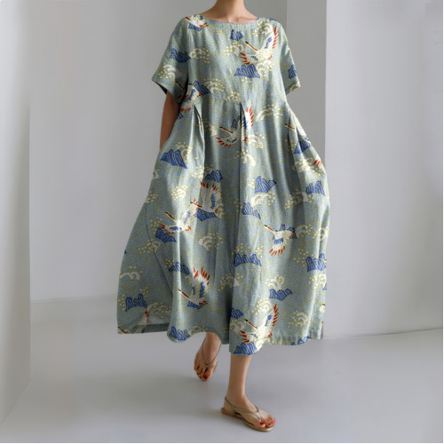Japanese Art Cloud Sea and Crane Printed Loose Midi Dress