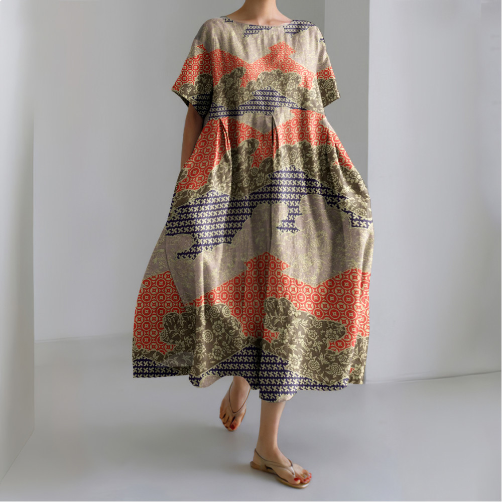 Japanese Art Copper Coins Flower Chiyogami Painting Print Linen Blend Dress