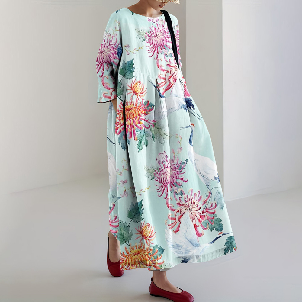 Japanese Art Crane Chrysanthemum Print Casual Midi Dress