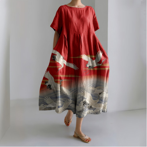 Japanese Art Crane Linen Blend Maxi Dress