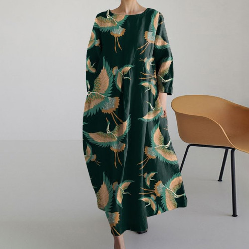 Japanese Art Crane Print Casual Midi Dress