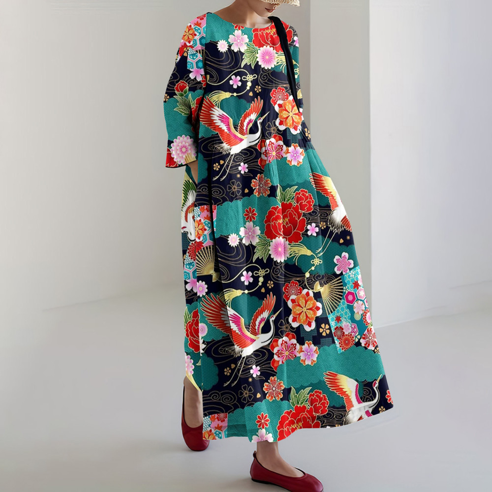Japanese Art Crane Print Casual Midi Dress
