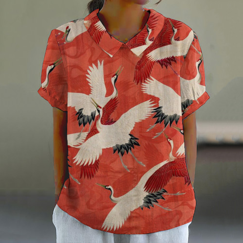 Japanese Art Crane Print Lapel Blouse